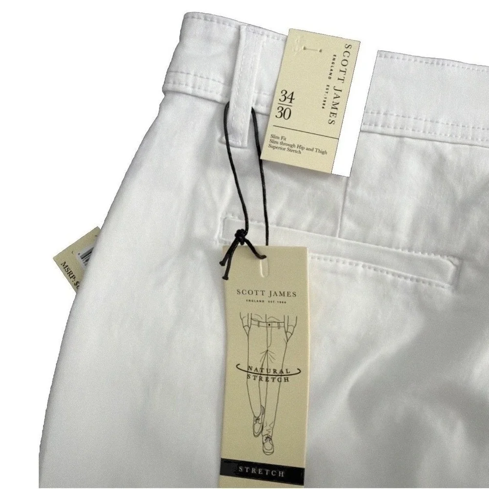 Scott James Men's White jeans  Slim Fit Natural Stretch Classic Pants Size 34X30